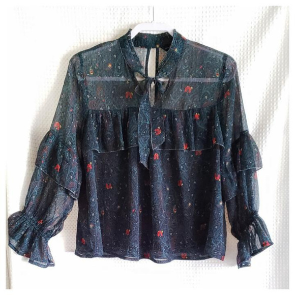 Lucky Brand Tops - Lucky Brand Floral Sheer Tie Neck Ruffled Top